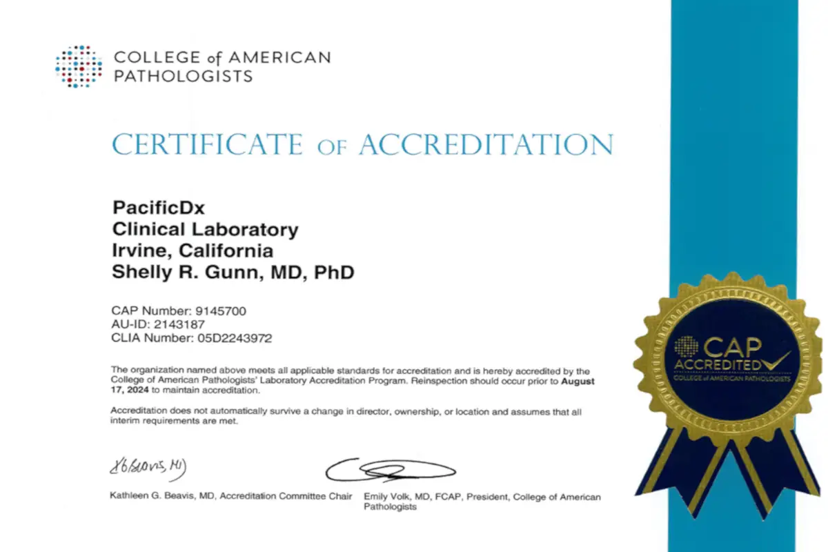 PacificDx CAP accreditation certificate