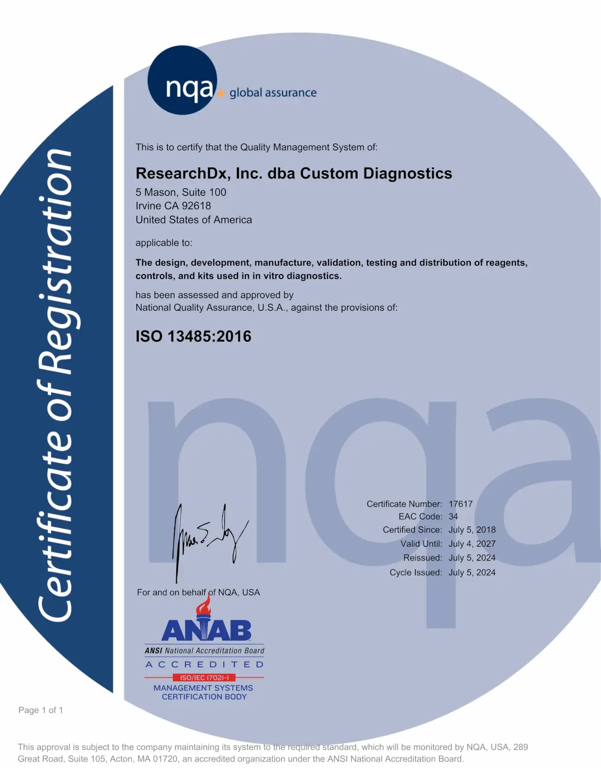 ISO 13485:2016 Certificate of Registration issued by NQA