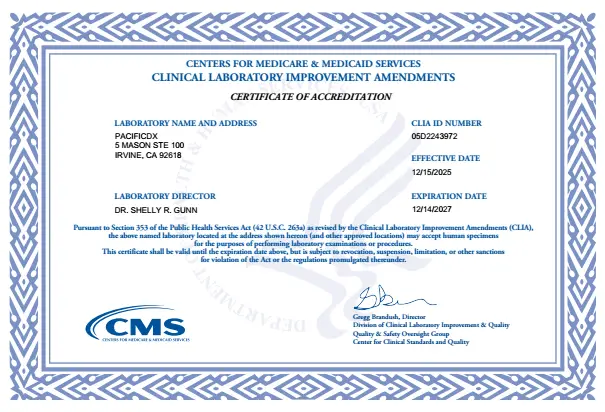 PacificDx CLIA Certificate of Accreditation, 2025–2027