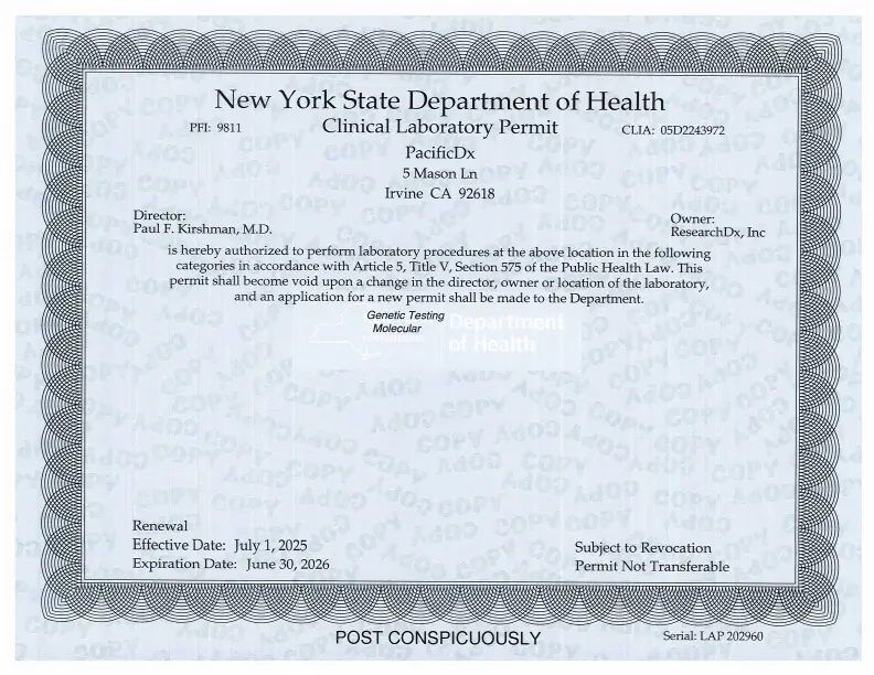 PacificDx New York State clinical laboratory permit, 2025–2026