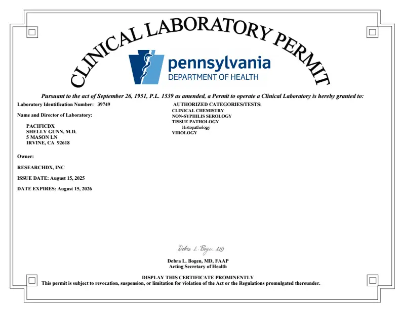 PacificDx Pennsylvania clinical laboratory permit, 2025–2026