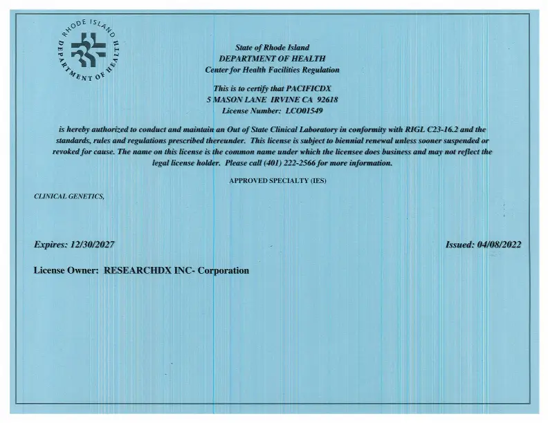 PacificDx Rhode Island clinical laboratory license, 2025–2027