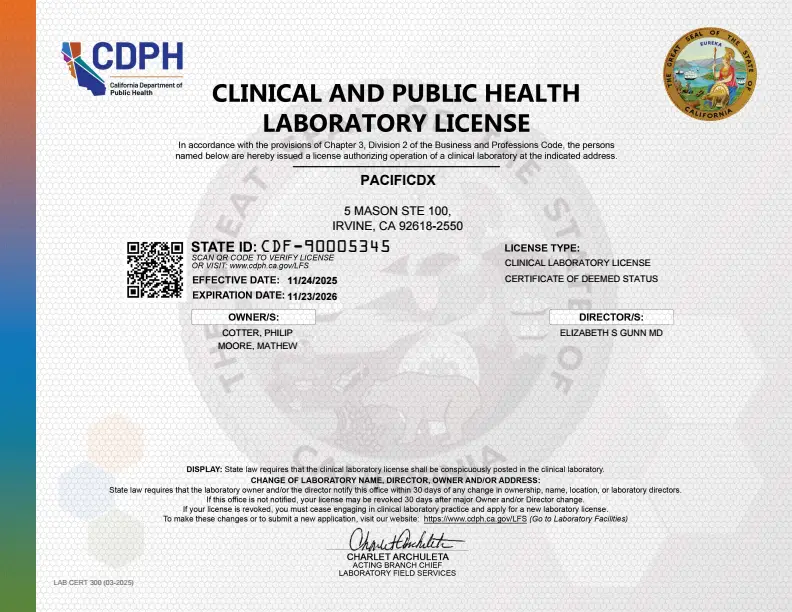 PacificDx California clinical laboratory license, 2025–2026